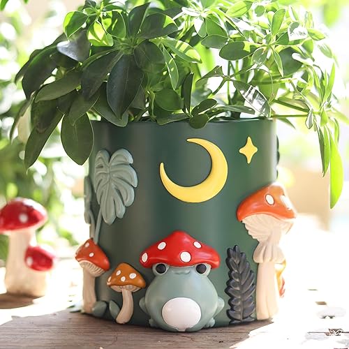 GUGUGO Colorful Frog Garden Plant Pots, Cute Unique Succulent Planters with Drainage, Rainbow Small Mushrooms Flower Planters Pots for Indoor Plants, Funny Eclectic Home Décor (B, 5Inch) - Green - 5Inch