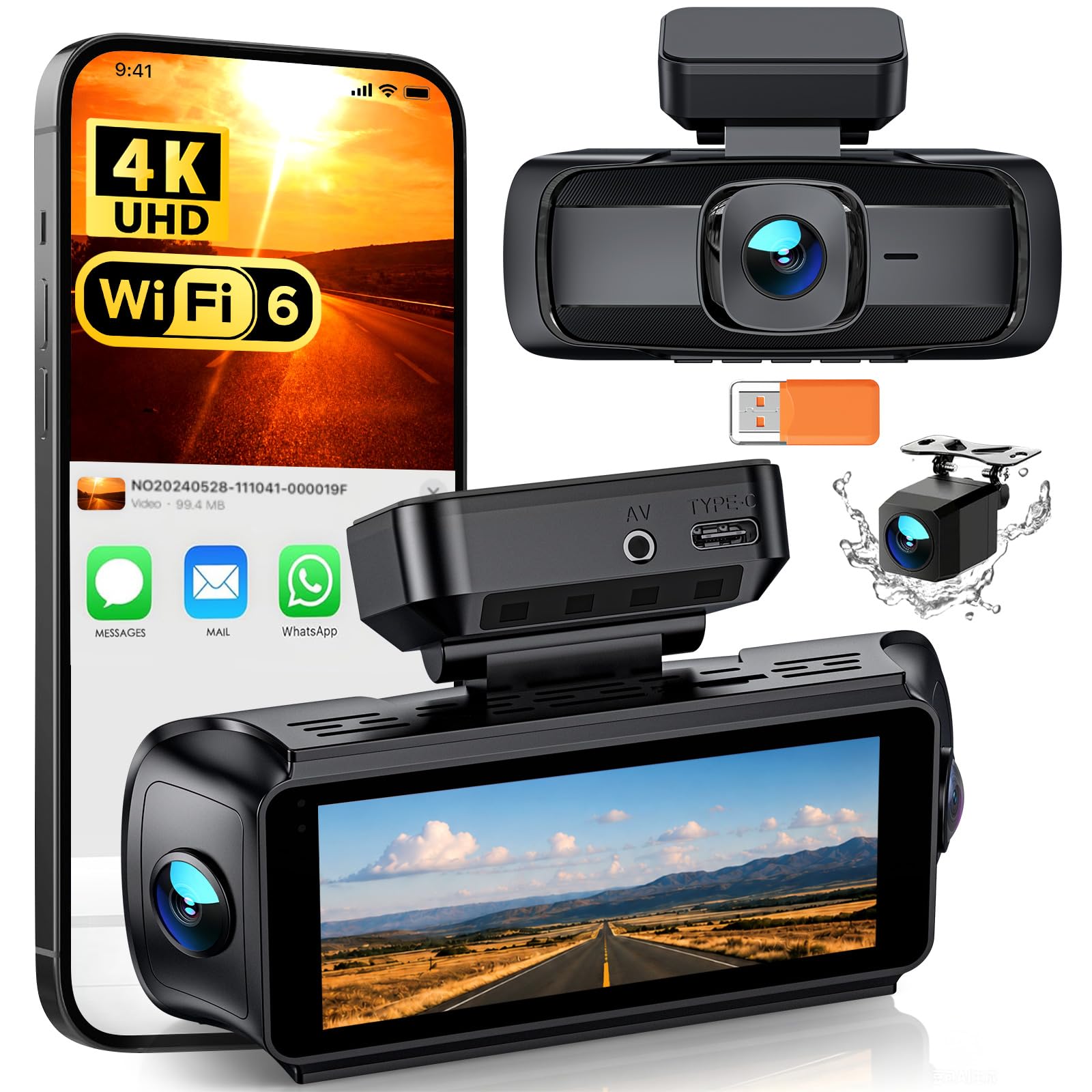 iZEEKER iD340 Dash Cam Auto 4 Canali, 4K Anteriore, 3x1080P, WiFi 6 | 4K anteriore + 3x1080P, WiFi 6, F1.6, WDR, schermo IPS da 3,39", modalità parcheggio, fino a 256GB