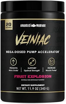 Anabolic Warfare Veiniac Muscle Pump Activator Supplement Stimulant Free Pre-Workout with L-Citrulline, Betaine Anhydrous, Added AGMassTM, Increases Nitric Oxide*, Fruit Punch 20 Servings