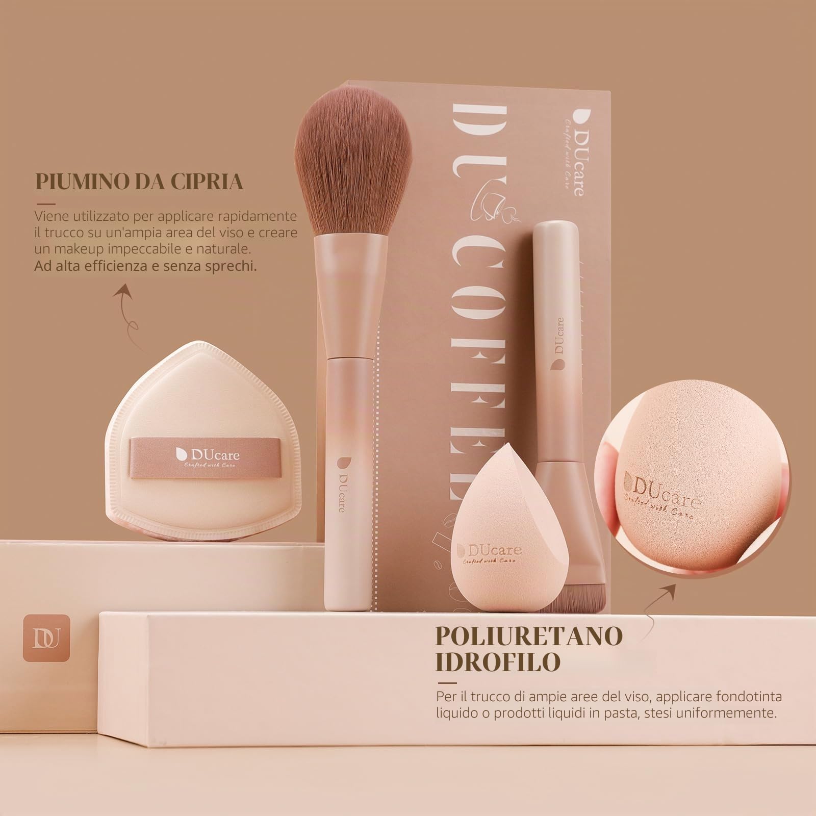 DUcare Set di Pennelli per Trucco 14Pezzi - Pennelli Make Up Set, Serie Caffè, con Spugnetta, Pennello Fondotinta, Pennello per Sfumare il Fondotinta, Pennello per la Cipria, Pennello per il Fard