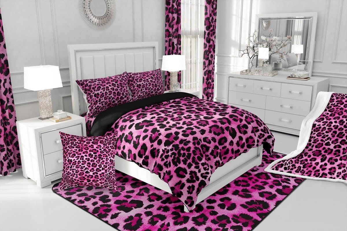 Feelyou Leopard Bedding Set Twin Size Kids Cheetah Comforter Cover Set for Boys Teens Hot Pink Animal Print Duvet Cover Breathable Safari Bedspread Cover Room Decor Zebra Quilt Cover