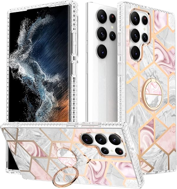Laurraine Case Compatible with Samsung S22 Ultra 5G, Luxury Shiny Marble IMD Slim Case, Gold Glitter Marble Design with 360 Degree Swivel Ring Stand for Galaxy S22 5G (Grey)