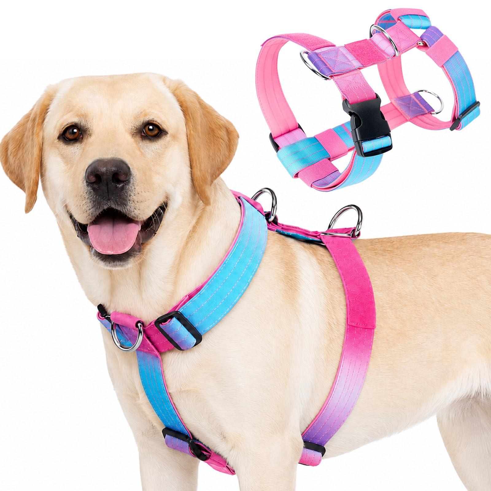 No Pull Dog Harness, Heavy Duty Tactical Dog Harness, Adjustable Soft Padded Pet Vest Harnesses for Medium and Large Dogs Training Walking, Lightweight & Escape-Proof (Pink, L)