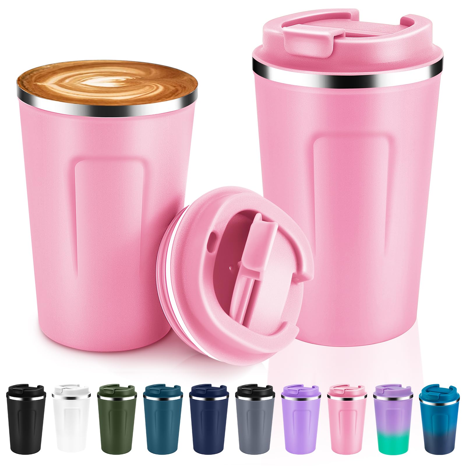 Volhoply 360ml 12oz Double Wall Insulated Vacuum Travel Coffee Mugs with Flip Lid Bulk 2 Pack,Reusable Stainless Steel Leak Proof Coffee Cup,Cafe Thermal Tumbler for Hot & Cold Drinks(Pink,2 Set)