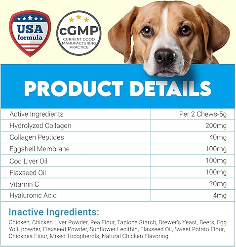 Miniatura 5 de Colágeno para perros  150 masticables  Suplemento para articulaciones, piel y pelaje con ácido hialurónico, membrana de cáscara de huevo y vitamina