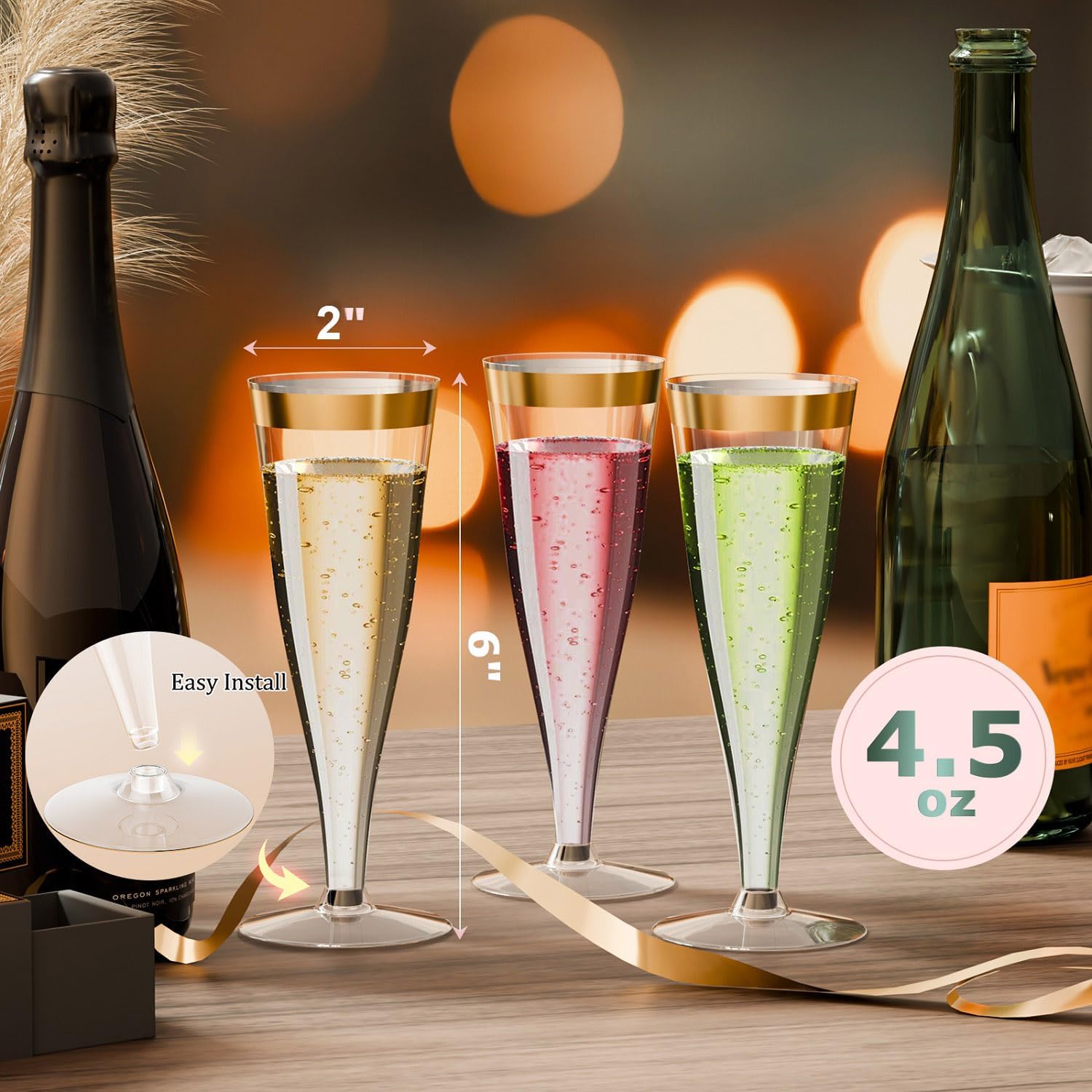 100 Pack Plastic Champagne Flutes Gold Rim Disposable Wine Glasses, 4.5 Oz Mimosa Cocktail Toasting Cups Bulk for 2026 Back to School Party Supplies Wedding Bar, Copas De Plastico Para Brindis