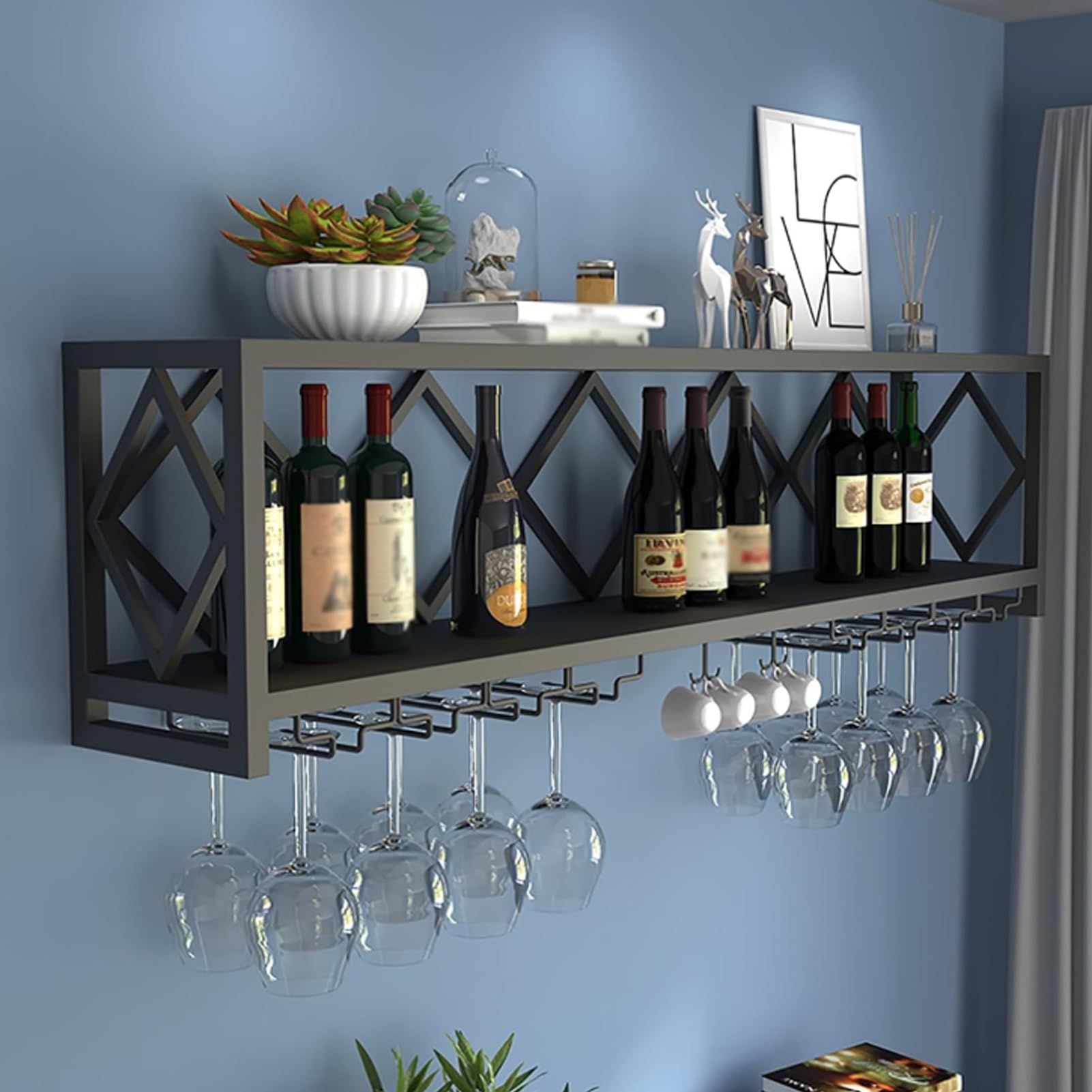 Casier à vin mural en métal noir 100 cm avec porte-verre flottant