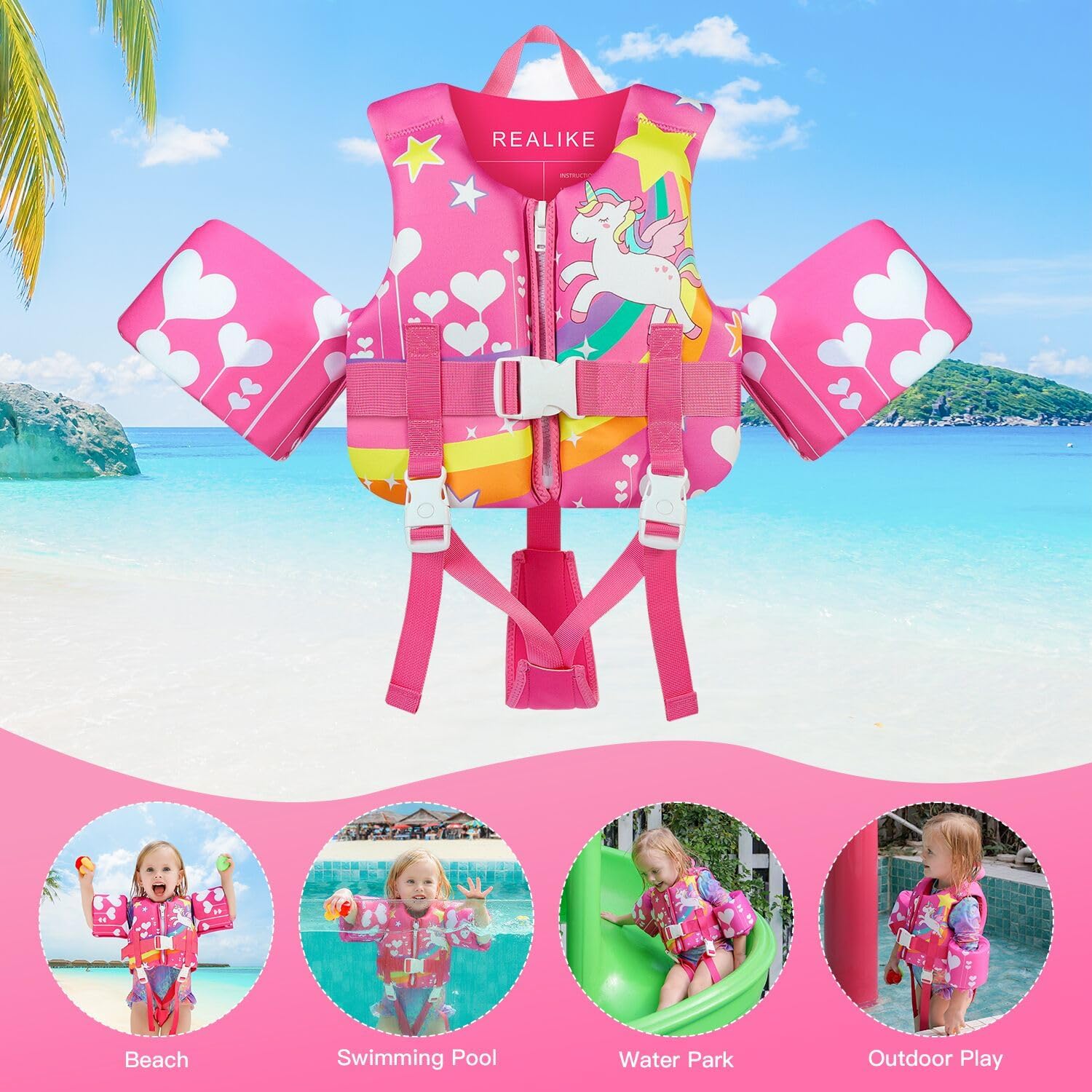 REALIKE Kids Swim Vest Toddler Floaties Adjustable Safety Strap Swimming Aids for Toddlers Children Float Swimsuit, Suitable for Age 2-10 Years/22-88lbs