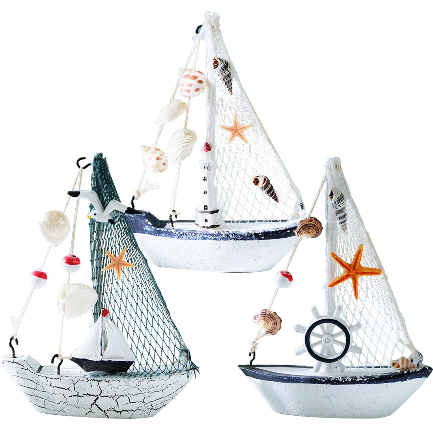 Maritime Badezimmer Deko,3er Set Segelboot Deko,Ruder Muscheln Seestern Seevögel Geeignet Klein Segelboot für Wohnzimmer Schlafzimmer Badezimmer Büro Dekoration(Nautische segelboot)