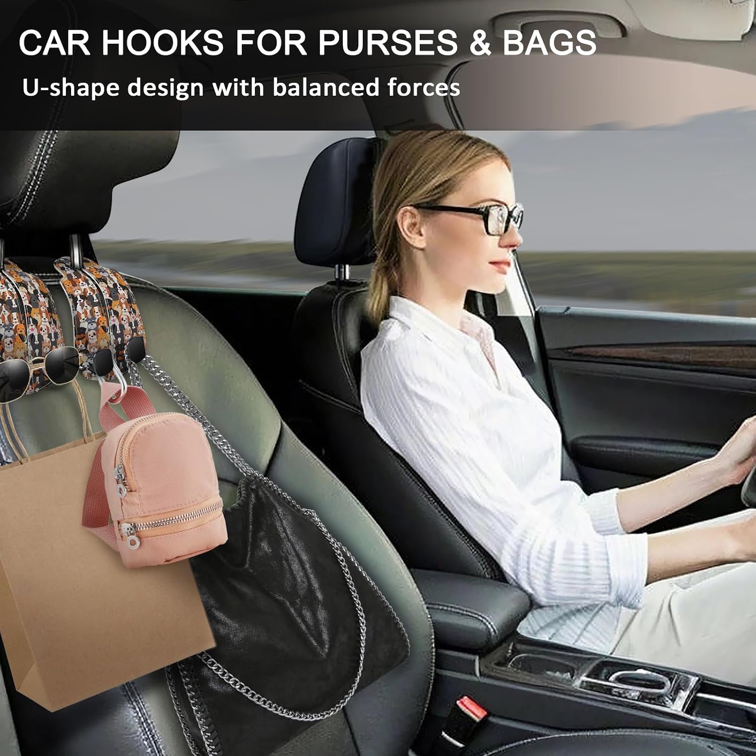 Blusabaca 2PCS Car Seat Headrest Hooks, Purses Bags Holder, Cute Dogs Puppy image 2