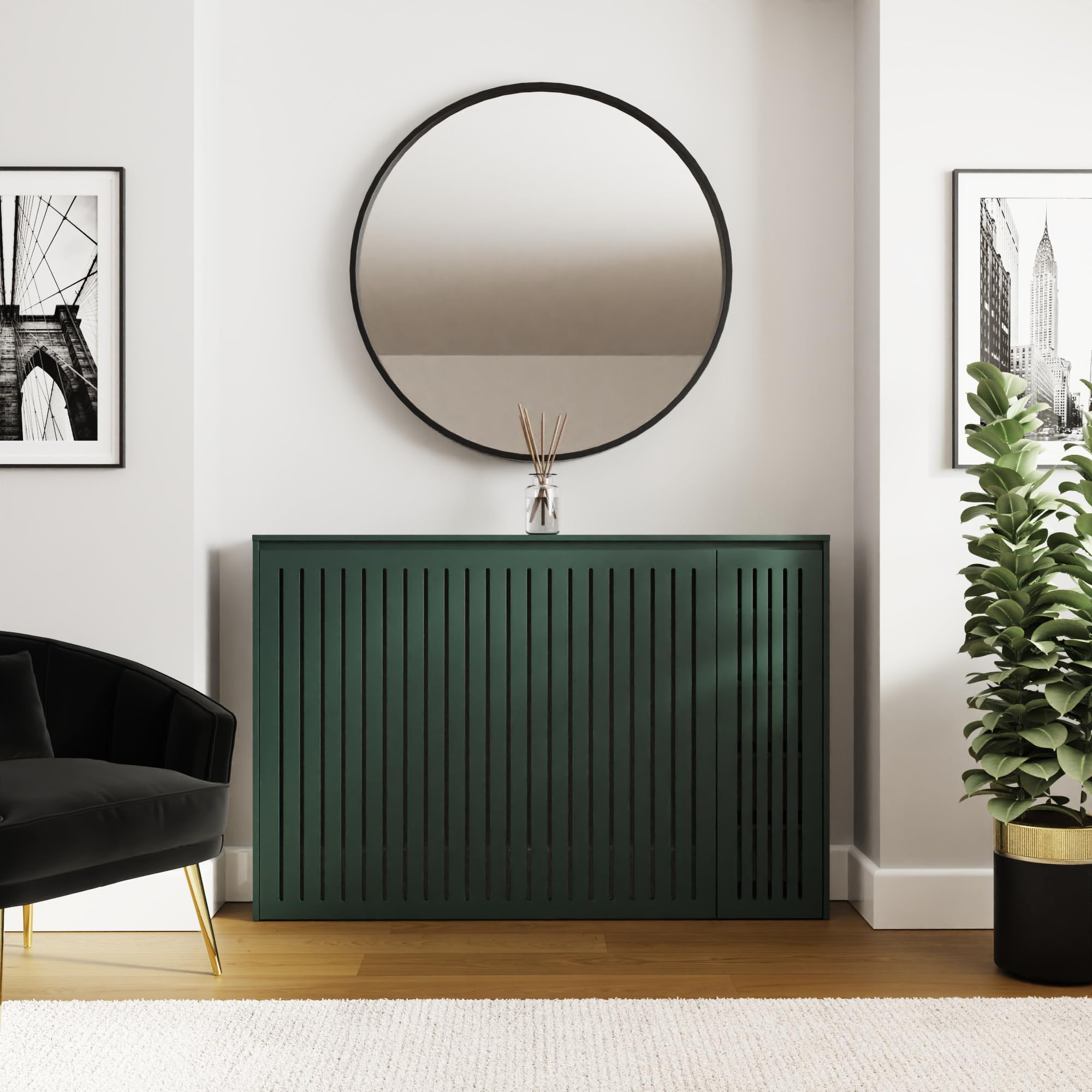 GFW Cooper Radiator Cover with Storage Shelves, Modern Slatted Radiator Cabinet in Forest Green