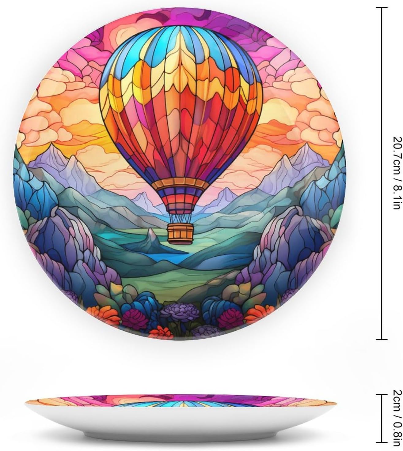 Decorative Plates, Bright Color Hot Air Balloon Stained Glass Painting Ceramic Dinner Plate w/Display Stand, Wall Hanging Decor for Kitchen Household 8 Inch, Gifts for Hot Air Balloon Lovers image 2