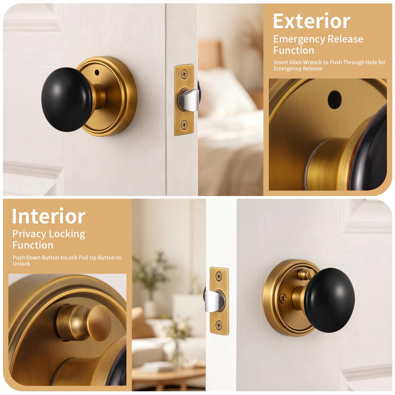 Black Porcelain Door Knobs - Antique Brass -4