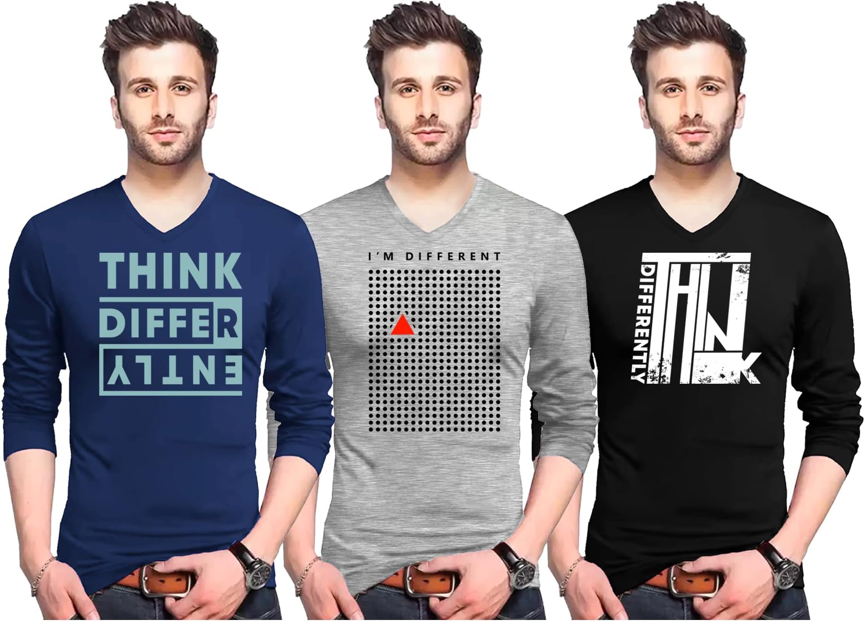 Wild Thunder Men Cotton V Neck Full Sleeve Think Differently Printed Combo 3 T Shirts FV_3PC_RM_1023_C
