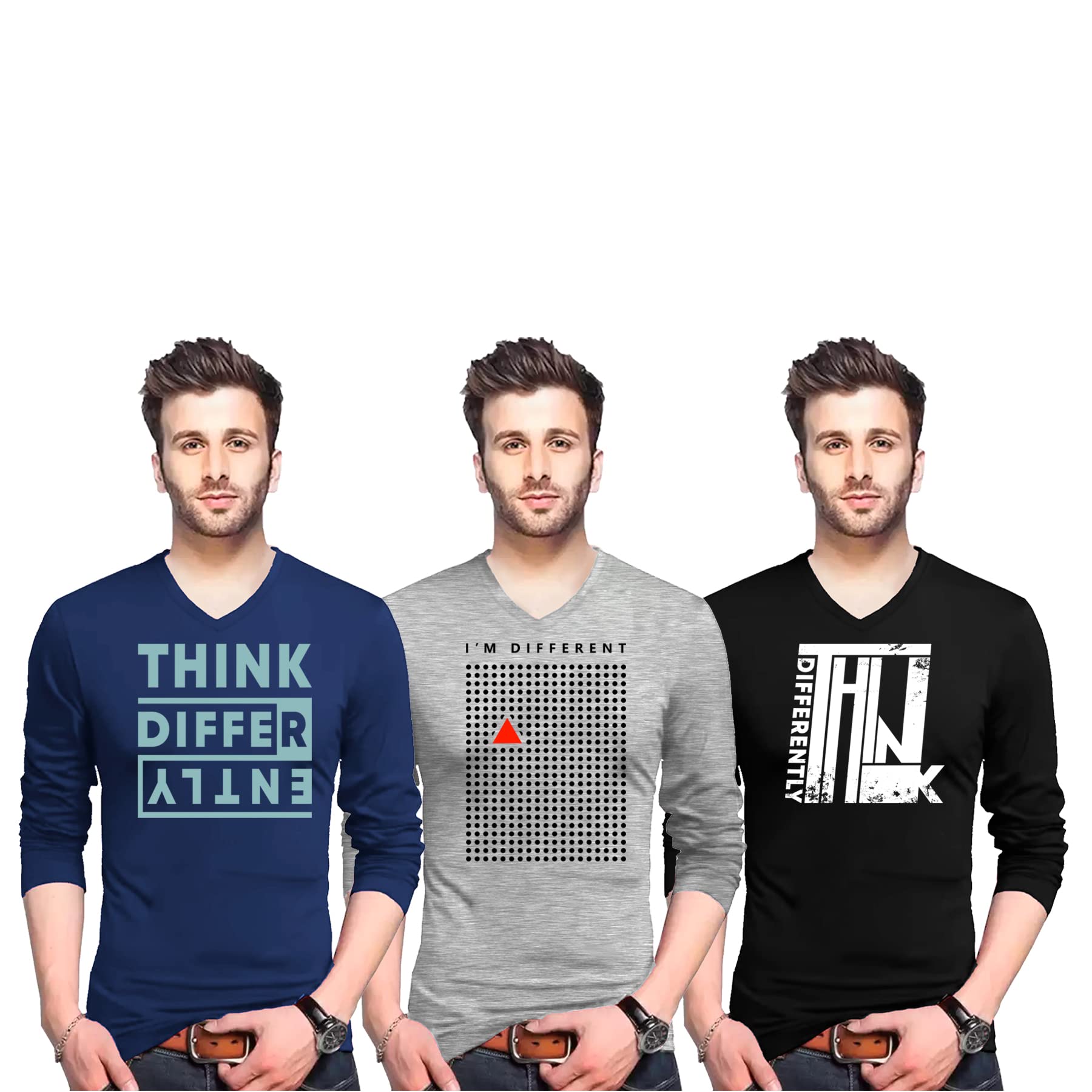 Wild Thunder Men Cotton V Neck Full Sleeve Think Differently Printed Combo 3 T Shirts FV_3PC_RM_1023_C