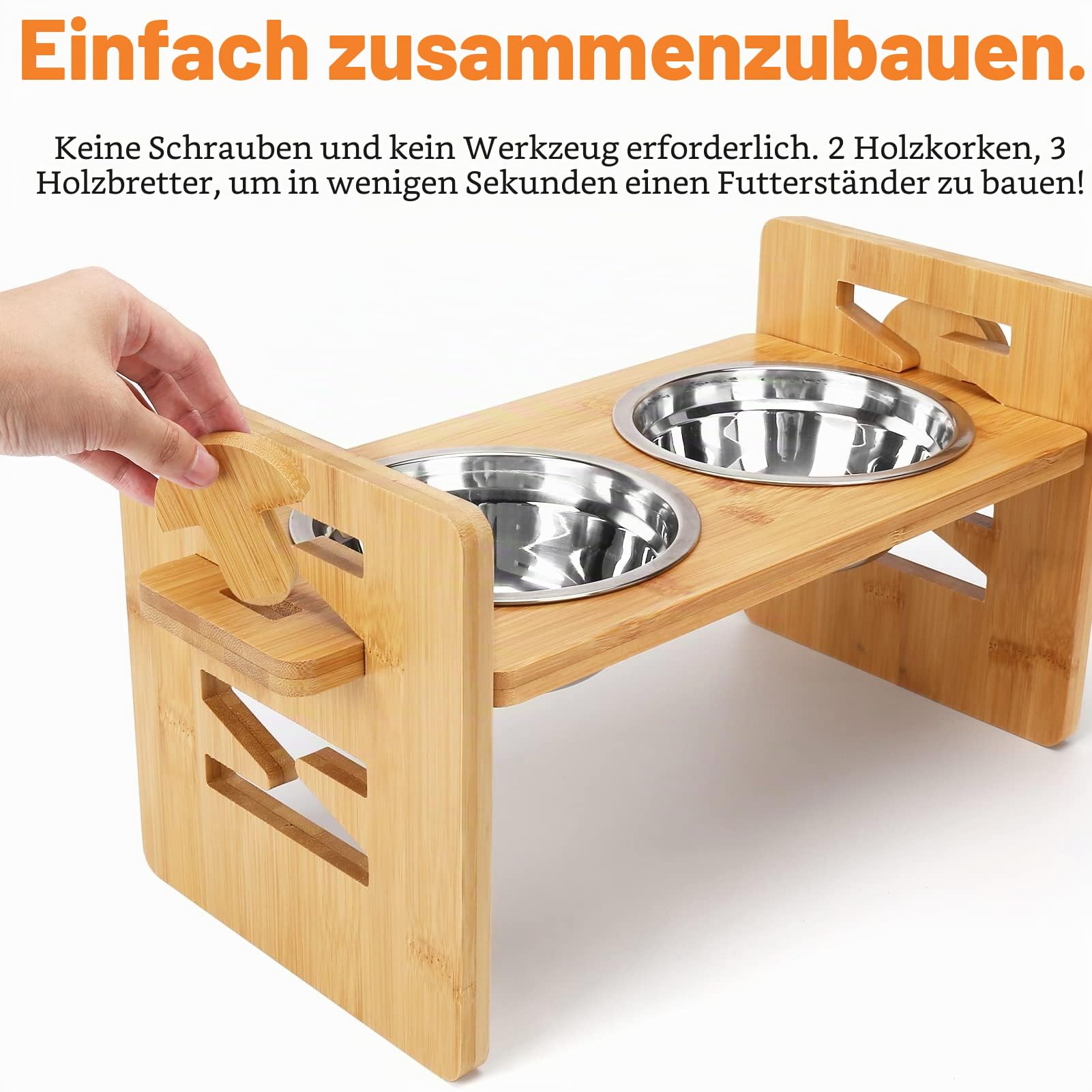 Erhöhte Hundenäpfe verstellbar, erhöhter geneigter Futternapf für französische Bulldogge, abgeschrägter Futternapf für kleine und mittelgroße Hunde, Welpen, mit Bambusständer und 2 Edelstahlnäpfen