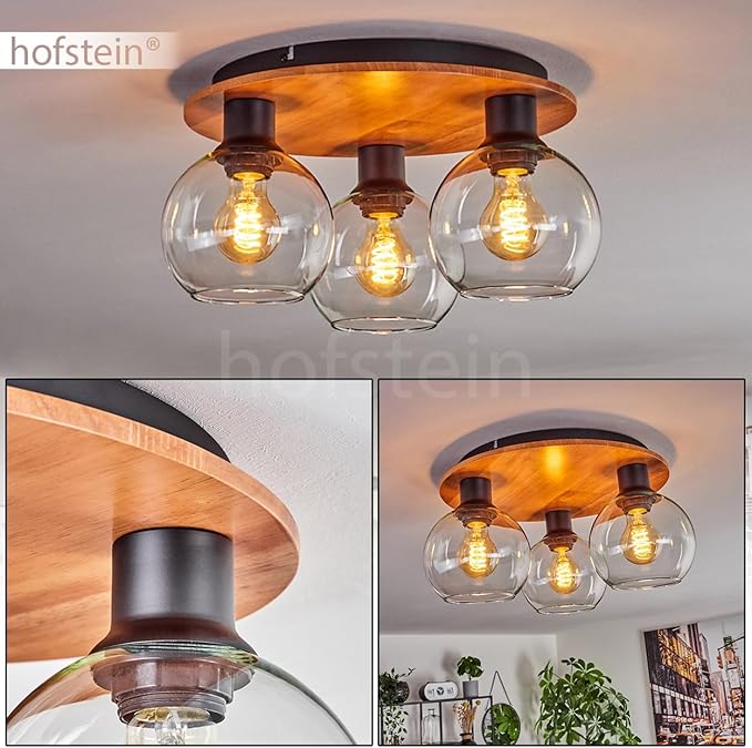 hofstein HOFSTEIN Plafondlamp Koyoto, plafondlamp van metaal/hout/glas in zwart/natuur/helder, lamp in retro/vintage-design met glazen kap (Ø 15 cm), 3 x E27, zonder lamp photo 2