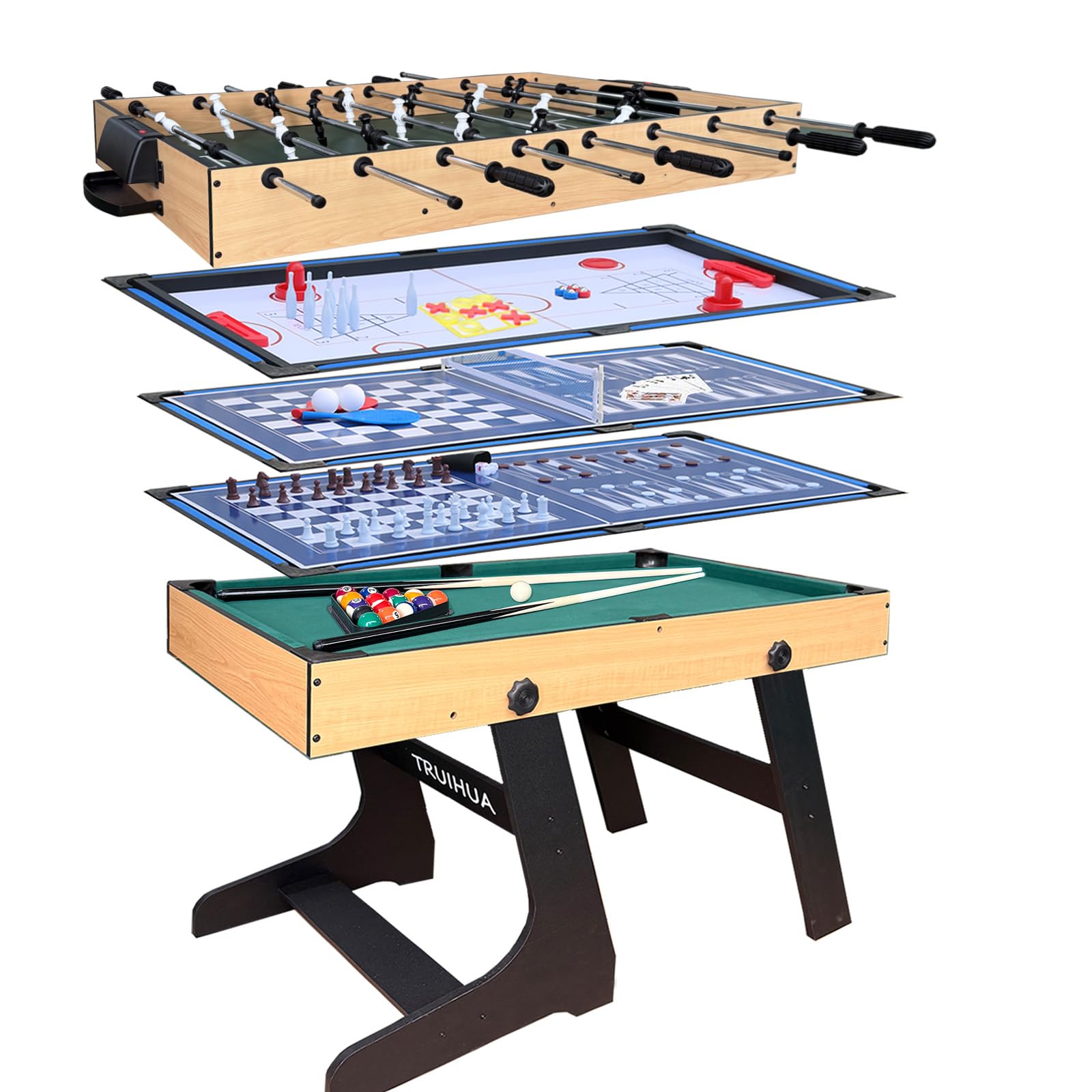 Mesa Multijuegos 12 en 1 Plegable con Futbolín, Billar, Tenis de Mesa, Hockey, Tejo, Bolos, Ajedrez, Damas, Backgammon y póquer, con Todos los Accesorios incluidos