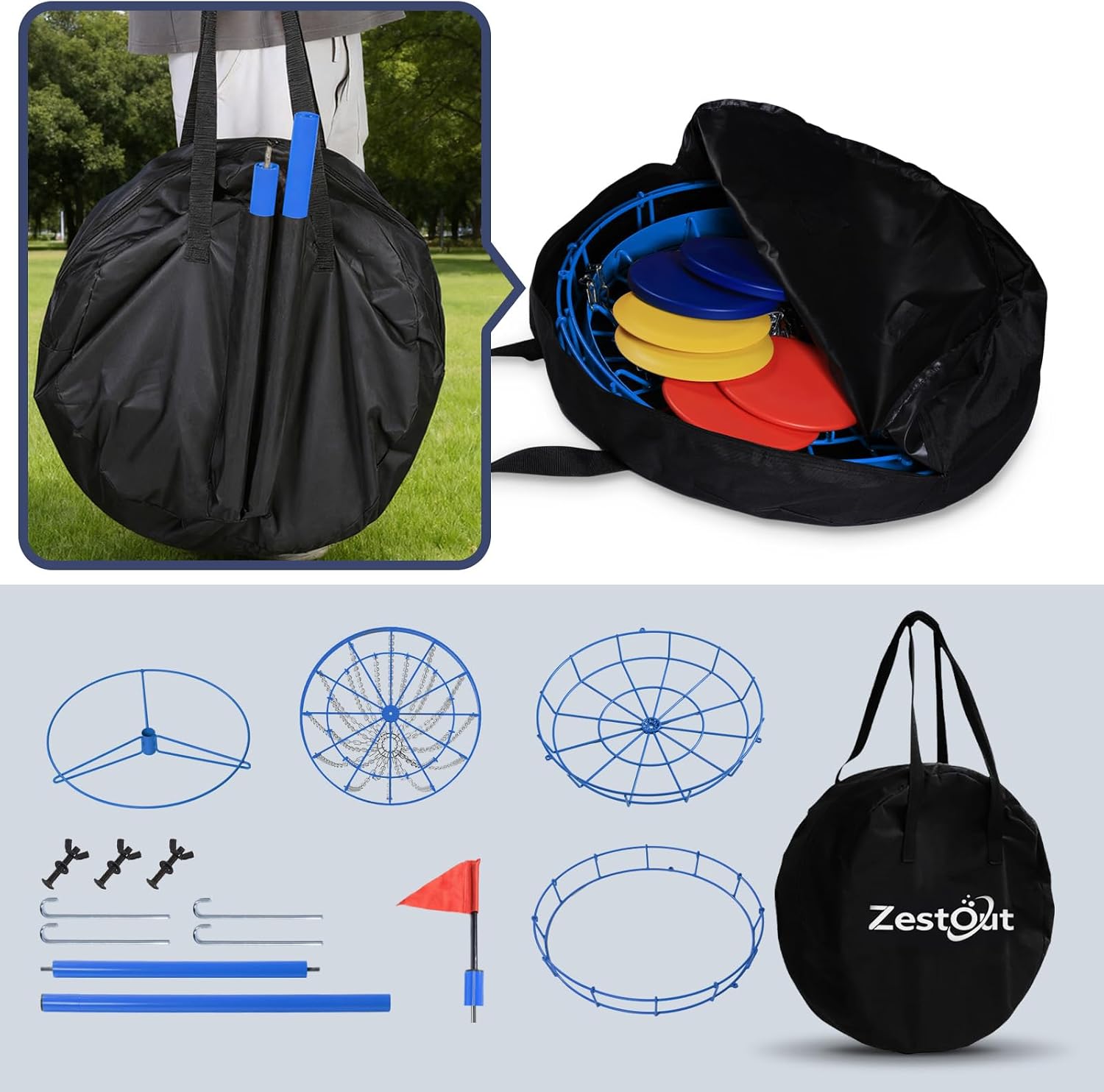 Backyard Disc Golf Basket - Portable 24-Chain Target for Outdoor Practice, Easy Setup Heavy Duty | 6 Discs + Carry Bag + Ground Stake Included | Competition-Spec Size | Rust-Resistant