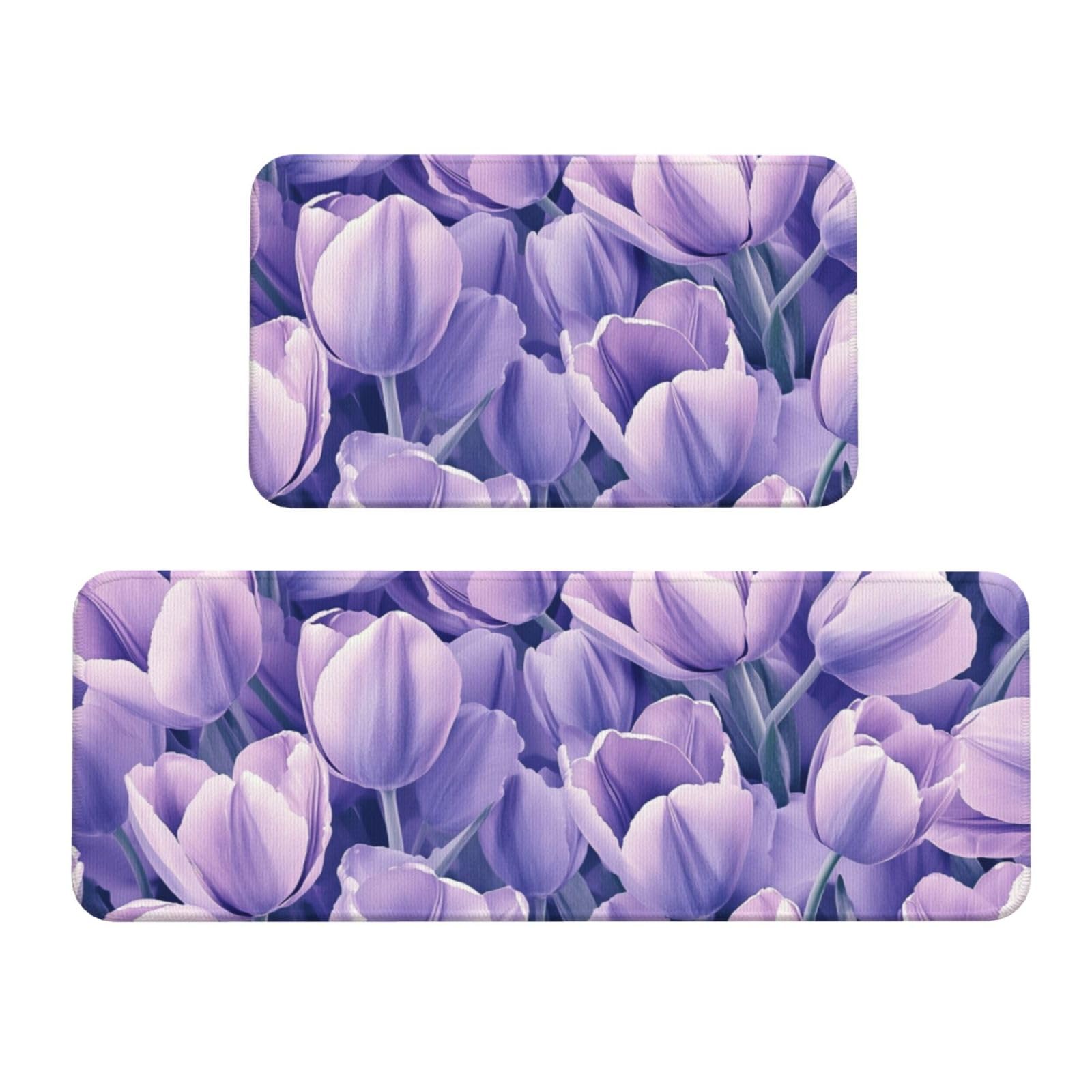 Alfombras de cocina para suelo de lavandería con diseño floral morado cómodo y alegre