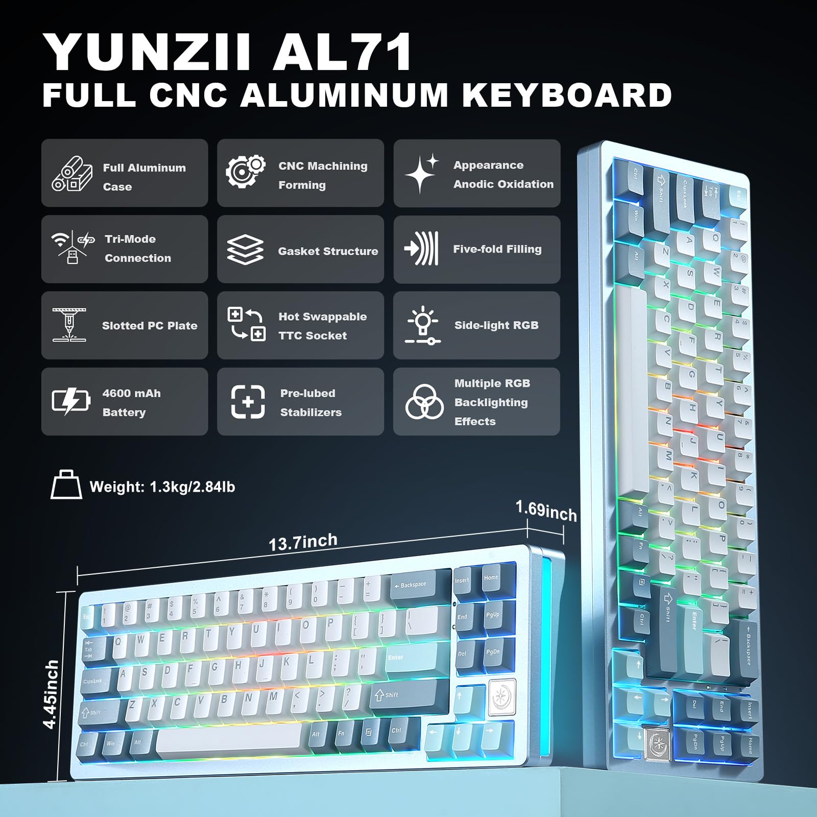 YUNZII AL71 68% tastiera meccanica, all-alluminio CNC, anello hot-swap, 2,4 GHz, tastiera wireless BT5.0/USB-C da gioco, NKRO RGB, per Win/Mac (blu, crystal white switch)