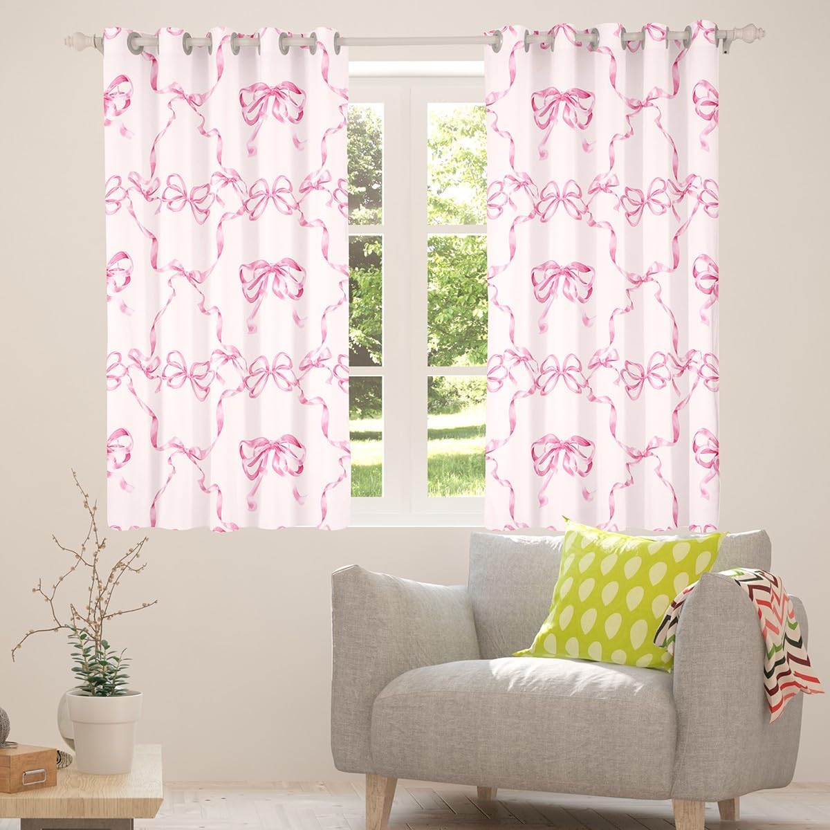 Erosebridal Girly Coquette Bowknot Blackout Curtains 42" Wx84 L, 2 Panels Princess Bow Checkered Window Curtains Fantasy Ribbon Bow Kawaii Window Treatments Drapes for Bedroom Aesthetic Pink Purple