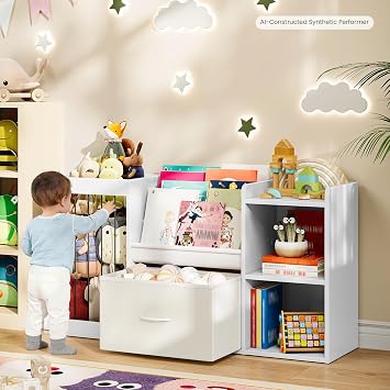 CHOEZON Kids Bookshelf, Children's Toy Storage Rack with Drawer, Display Shelf with Stuffed Animal Organizer, Toddler Bookcase with 3 Shelves, for Bedroom, Playroom, Living Room, White MCW21WB