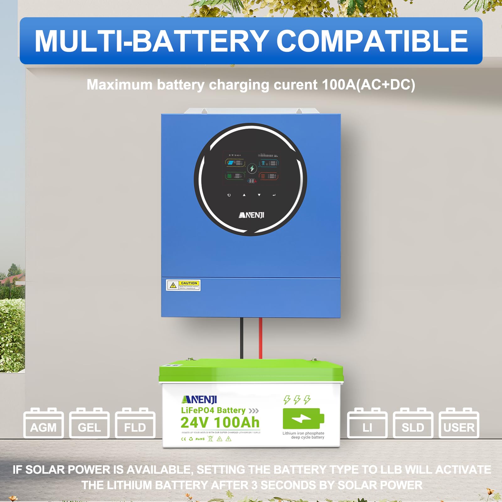 ANJ Inversor Híbrido 4,2kW 24V 230V Onda Sinusoidal Pura, WLAN Integrado, 2 Salidas CA, Regulador Solar MPPT 100A, PV 60-500Vcc, Inversor Aislado para Baterías de Litio (LiFePO4) y Plomo