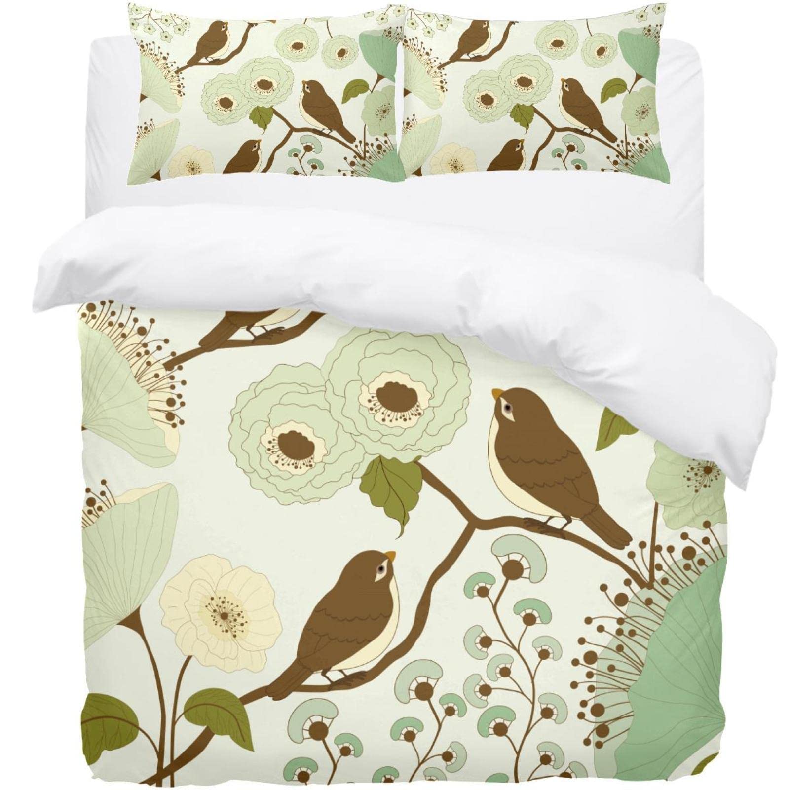 Parure de lit en coton motif oiseaux rétro avec finitions haut de gamme pour housse et taie