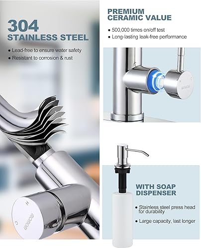 Miniatura 4 de WOWOW - Grifo de cocina cromado con dispensador de jabón, grifo de acero inoxidable para fregadero de cocina de 2 o 4 agujeros, grifo de cocina