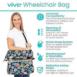 Vive XL Wheelchair Accessories Bag - Waterproof, Scratch-Resistant, Double-Stitched, Machine Washable for Adults, Seniors, 15 Colors - Storage Walker Backpack to Hang on Back (Black Floral)