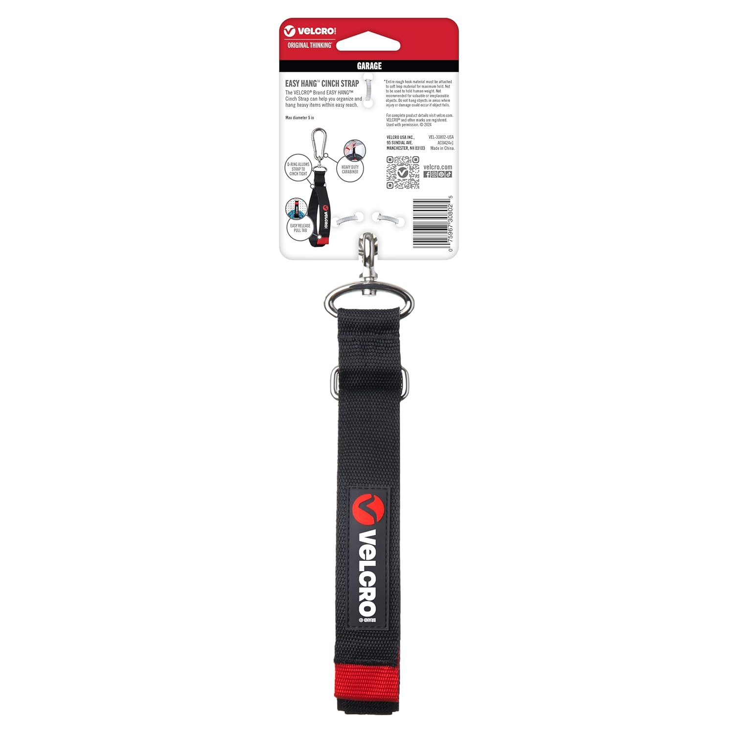 Velcro Brand Easy Hang Heavy Duty Cinch Strap with Carabiner Hook – Garage & Outdoor Organizer, Holds 250 lbs, 24in x 1.25in