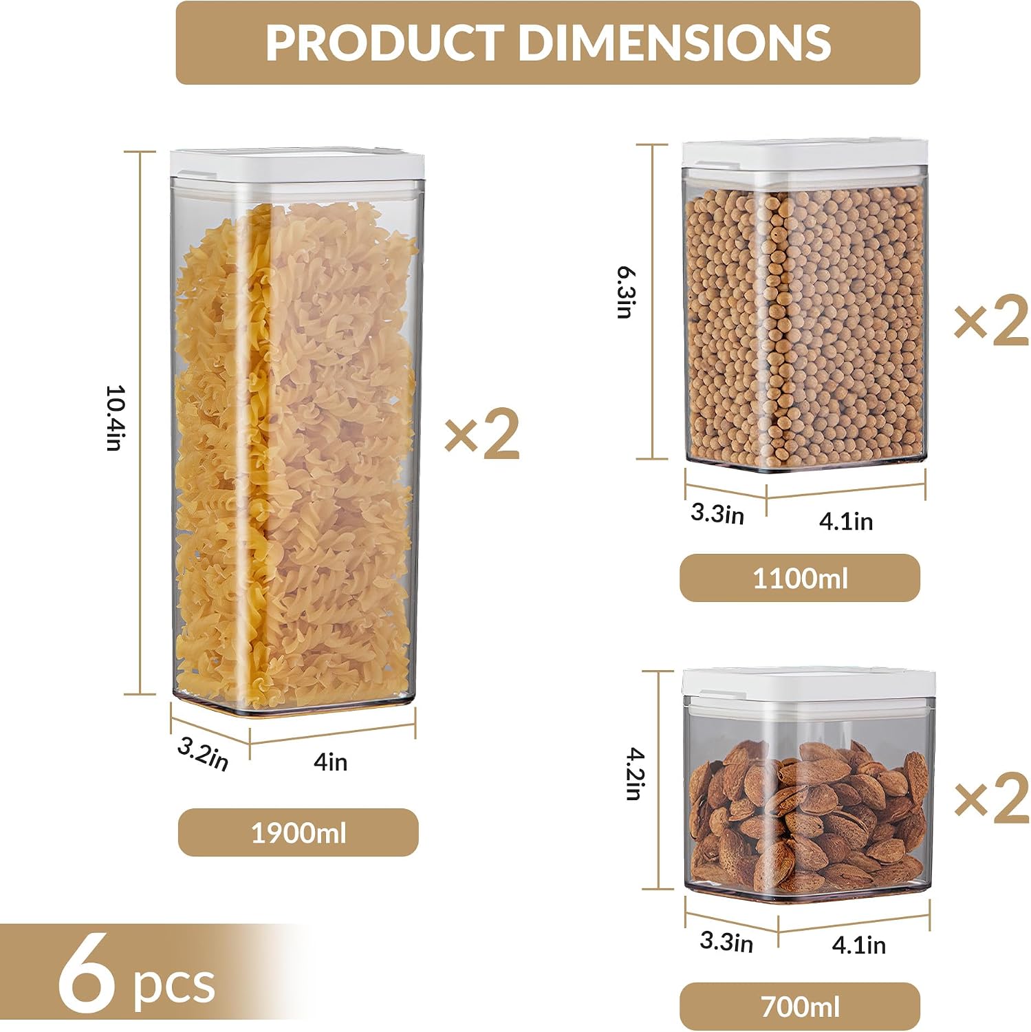 6-Piece Double Lid Airtight Storage Jars Set, Food Grade AS+PP+TPE, 2 Large (64oz/1.9L), 2 Medium (37oz/1.1L), 2 Small (23oz/0.7L), White Lids, Stackable, One-Hand Operation, for Grains, Pasta, Nuts,