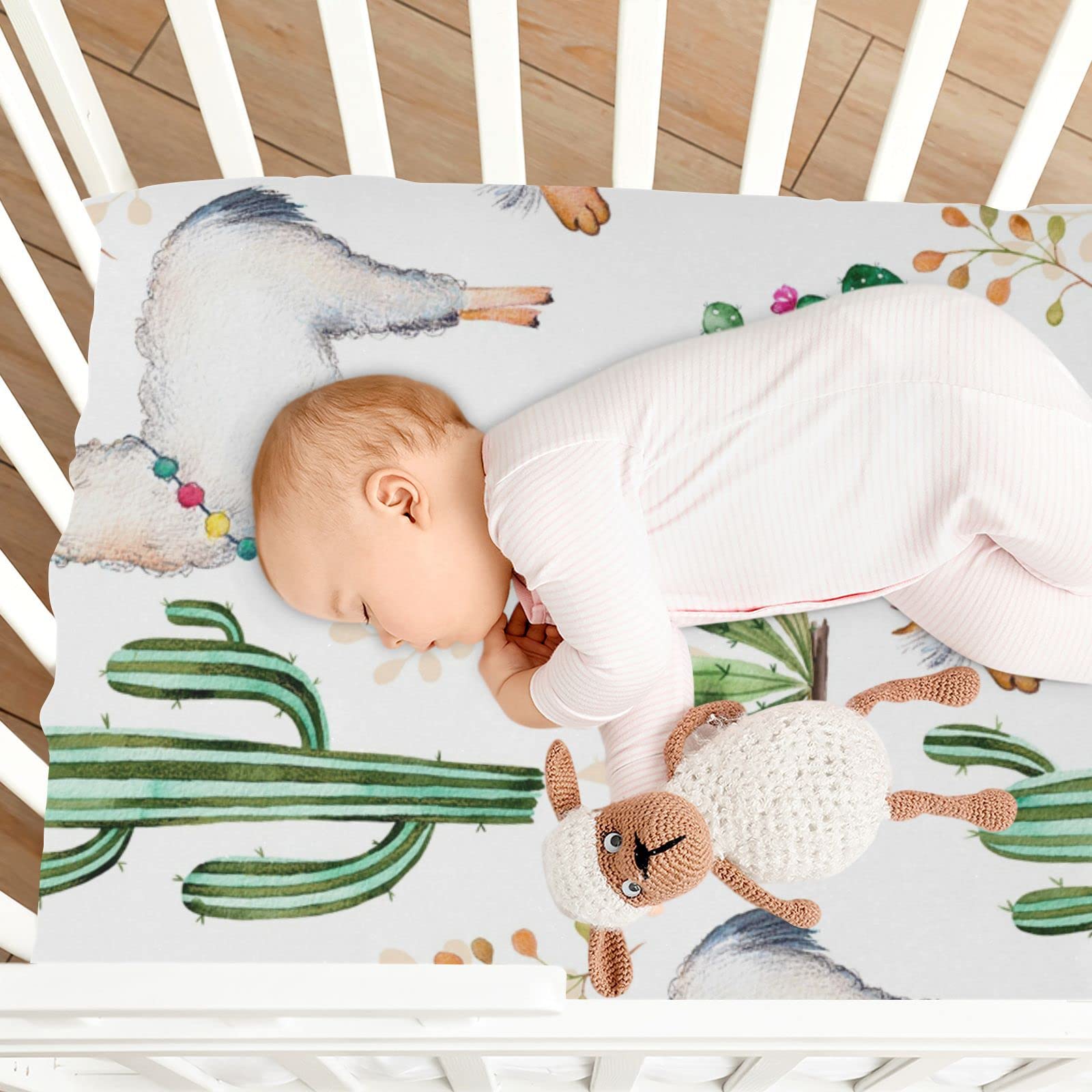 Spannbettlaken für Kinderbett, niedliches Lama-Kaktus-Muster, weich, atmungsaktiv, pflegeleicht, Spannbetttuch für Babybett und Kinderbetten