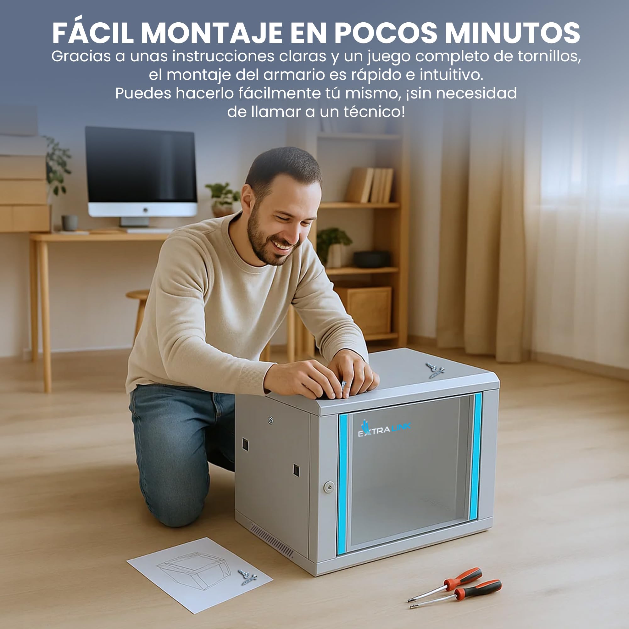 Extralink Armario Rack de 19" 4U - Armario de Red de 600mm, para Montaje en Pared o Suelo, hasta 60 kg, Puerta de Cristal Templado, Apertura de 180° Gris - para Red doméstica y Equipos informáticos