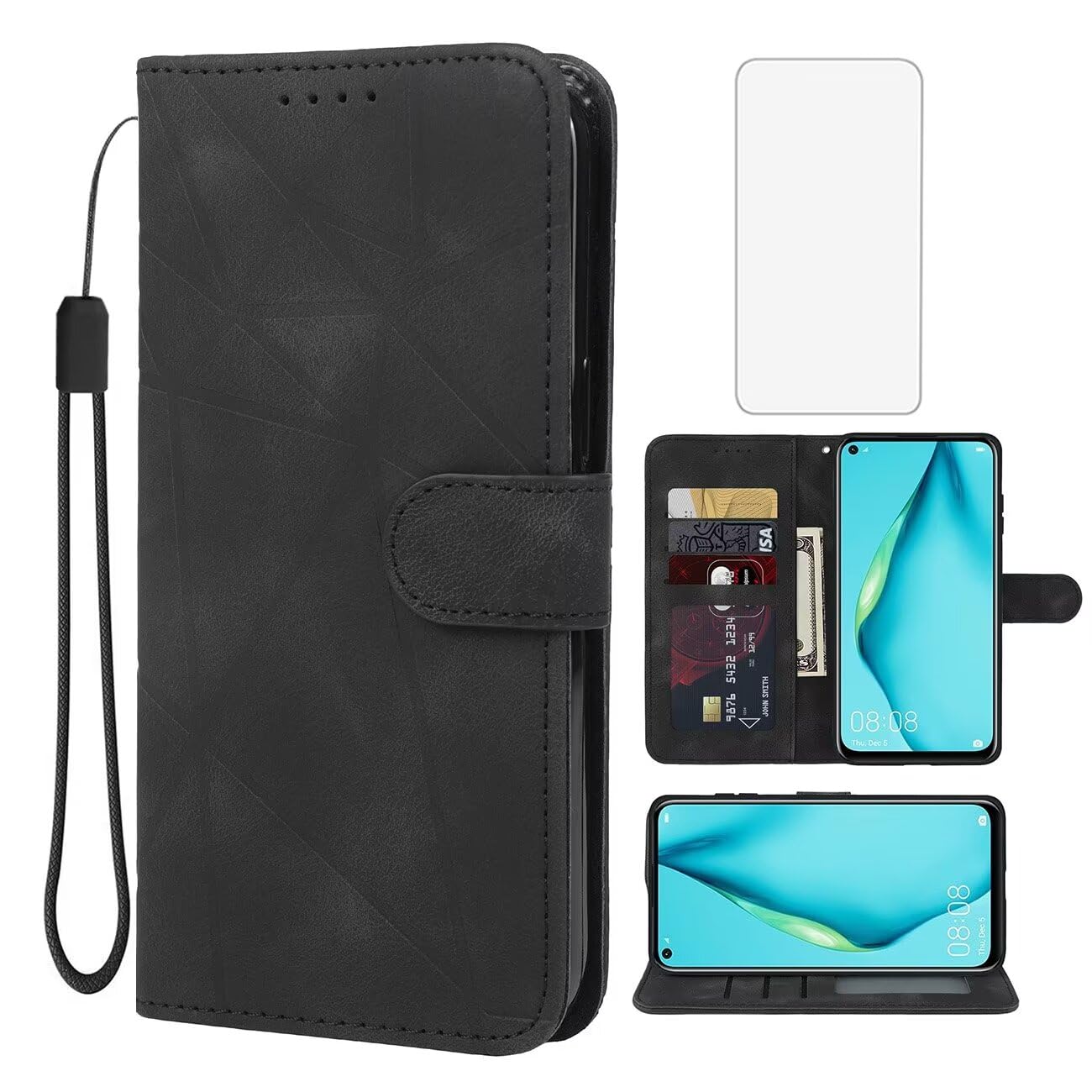 Wanyuexes Case for Huawei P40 Lite/Nova 6 SE/Nova 7i JNY-L21A Wallet Case with Tempered Glass Screen Protector