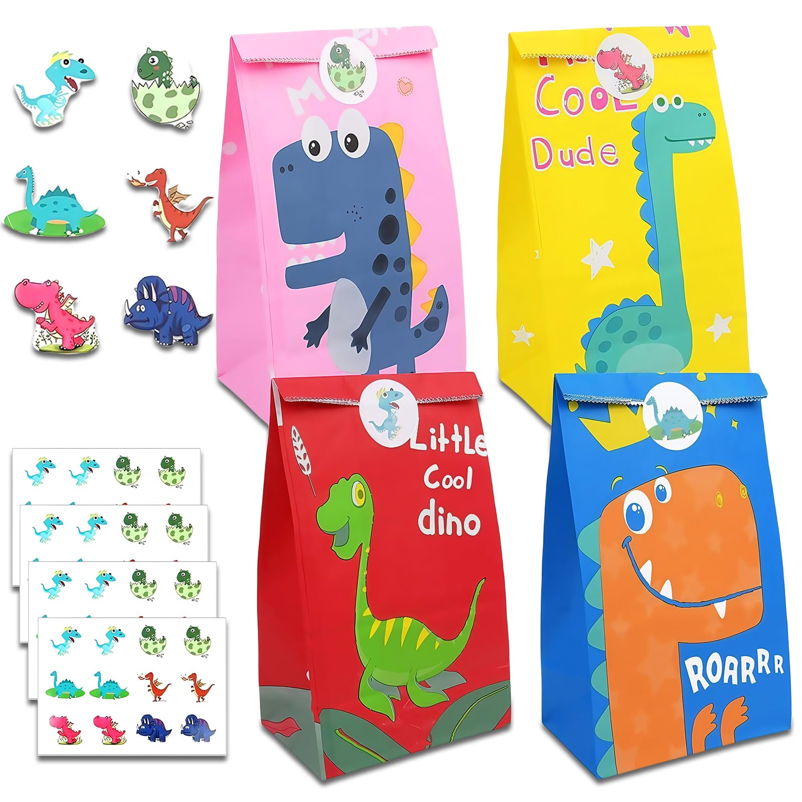 PHOGARY Confezione Regalo Compleanno Dinosauro: 24 Sacchetti Di Carta + 36 Adesivi, Kit Festa Bambini A Tema Preistorico