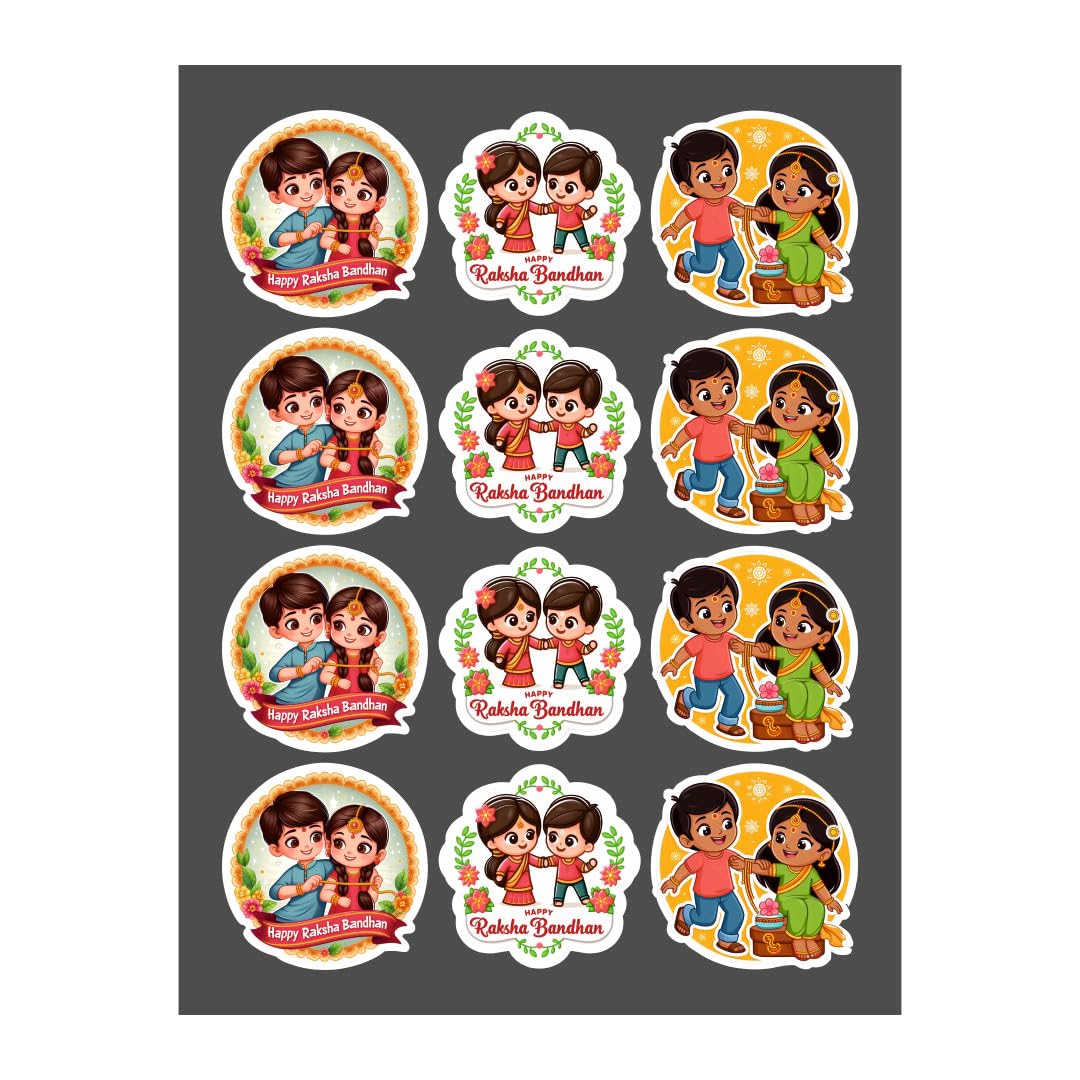 Raksha Bandhan Stickers – 3 Cute Assorted Stickers for Gifting & Decoration – Brother Sister Theme – 3 Unique Designs – Festival Labels for Rakhi Hampers, Gifts & Envelopes by Mudrak Prints (24)-image-0