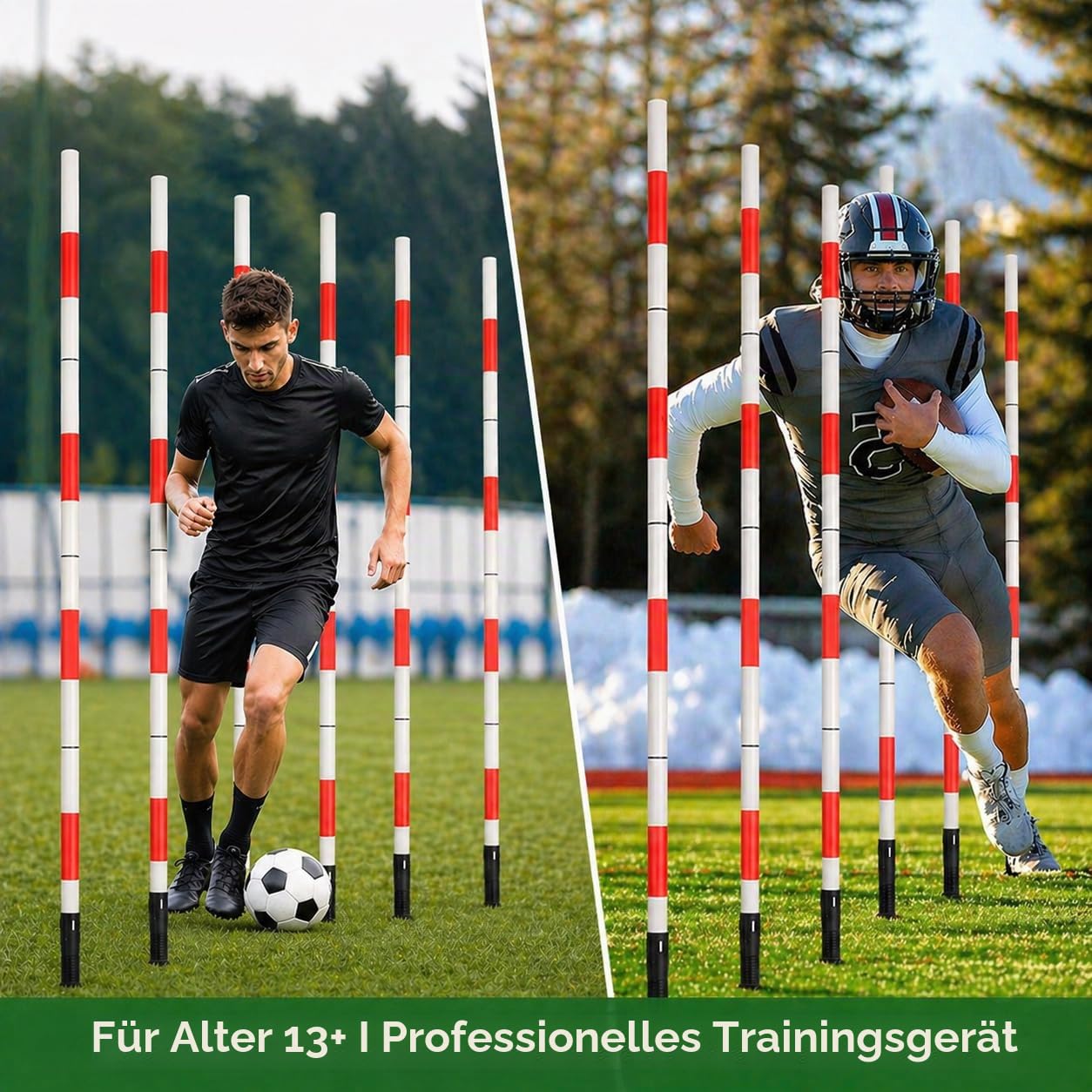 Slalomstangen Fussball Trainingsset Slalom Poles 6 Slalom Stangen mit Tasche, 6 Agility-Stöcke mit Feder, 3 Horizontale Stöcke für Koordinationstraining, Slalom, Fußball, Hundesport
