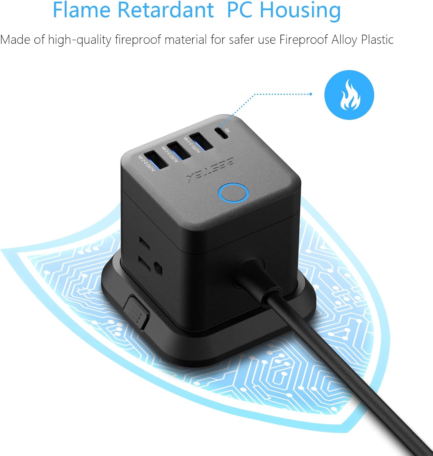 BESTEK PD20W Power Strip Tower with USB, Vertical Cube Mountable Power Outlet Extender with 3 Outlets, 3 USB-A & 1 USB-C Ports, 5-Foot Extension Cord and Detachable Base for Easy Mounting (Black)