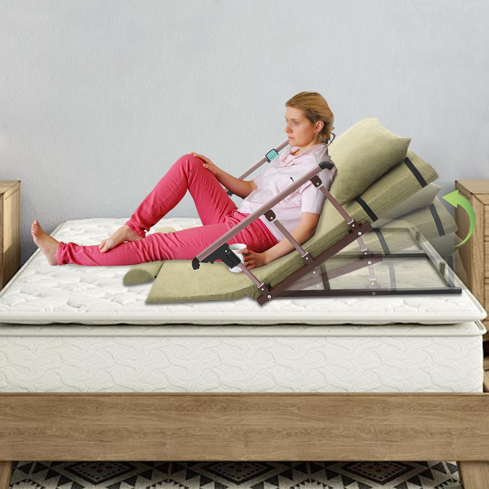 QUSKLISU Electric Adjustable Bed, Electric Lifting Adjustable Back Rest 661.39lbs Capacity Auxiliary Backrest with Foot Pad, Assist Elderly to Get Out of Bed Easily (Green, Folding Armrests)