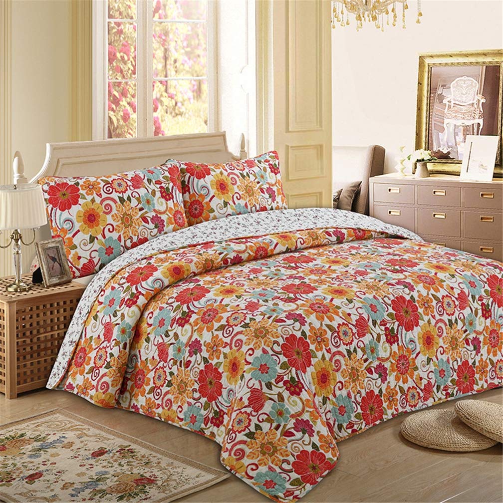 Couvre-lit orange anti-plis en microfibre légère et 2 taies d'oreiller floral