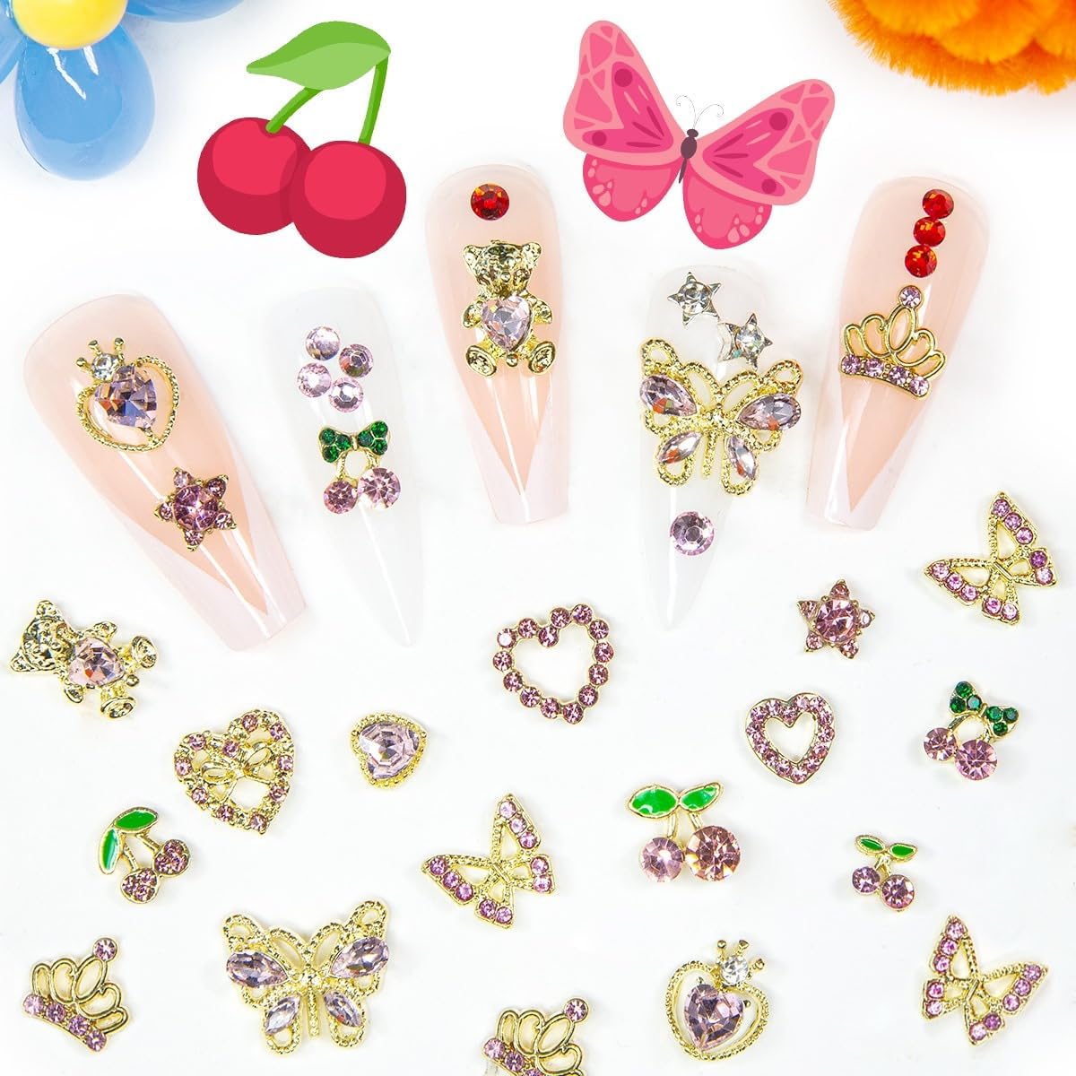 40Pcs Pink Nail Charms 3D Butterflies Bear Heart Cherry Star Big Nail Rhinestones Gems Cute Crystals Diamonds Y2K Alloy Nail Art Supplies Decor for Acrylic Nails Face Makeup DIY Crafts Jewelry - Image 6