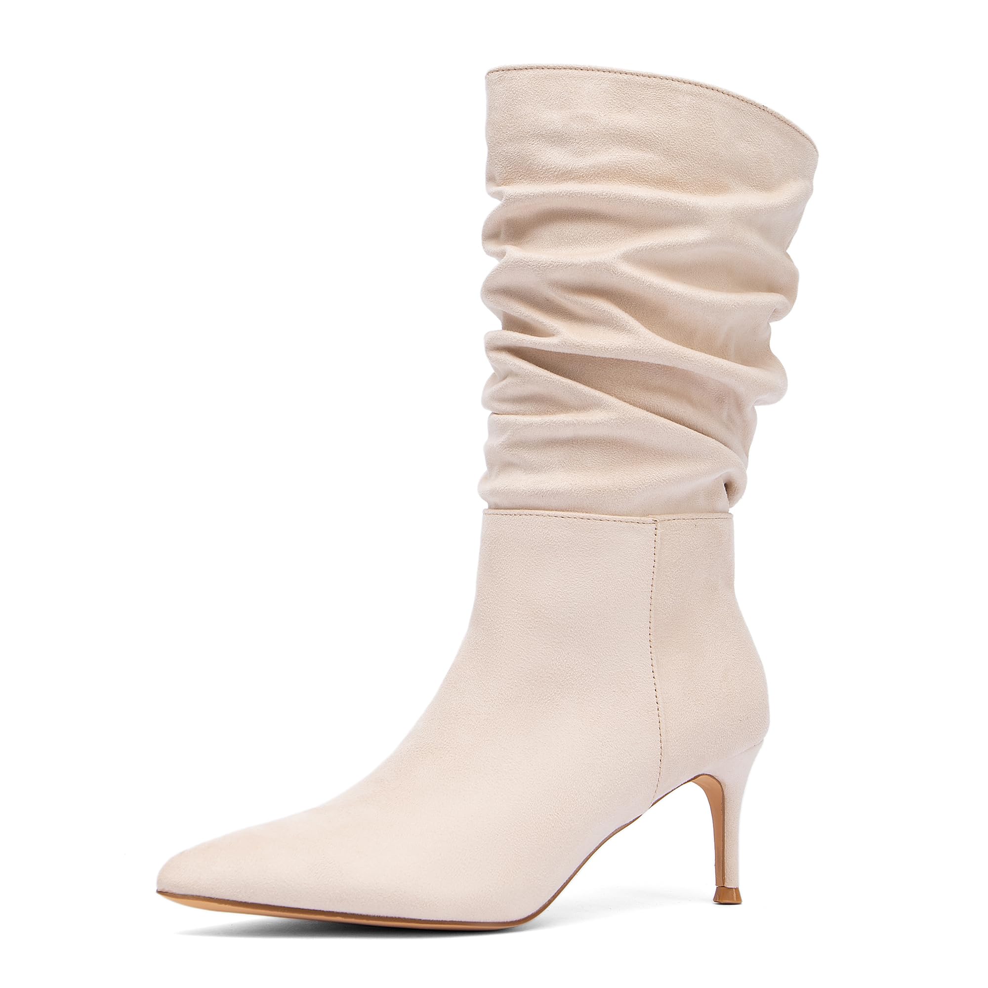 NEWBELLA Womens Stacked Mid-Calf Boots - Casual Pointed Toe Booties with Stiletto Heel for Fall Winter Everyday Wear