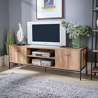 Home Source TV Unit Media Stand Cabinet Modern Finish Cupboard and Shelf Storage, Weathered Oak, Large