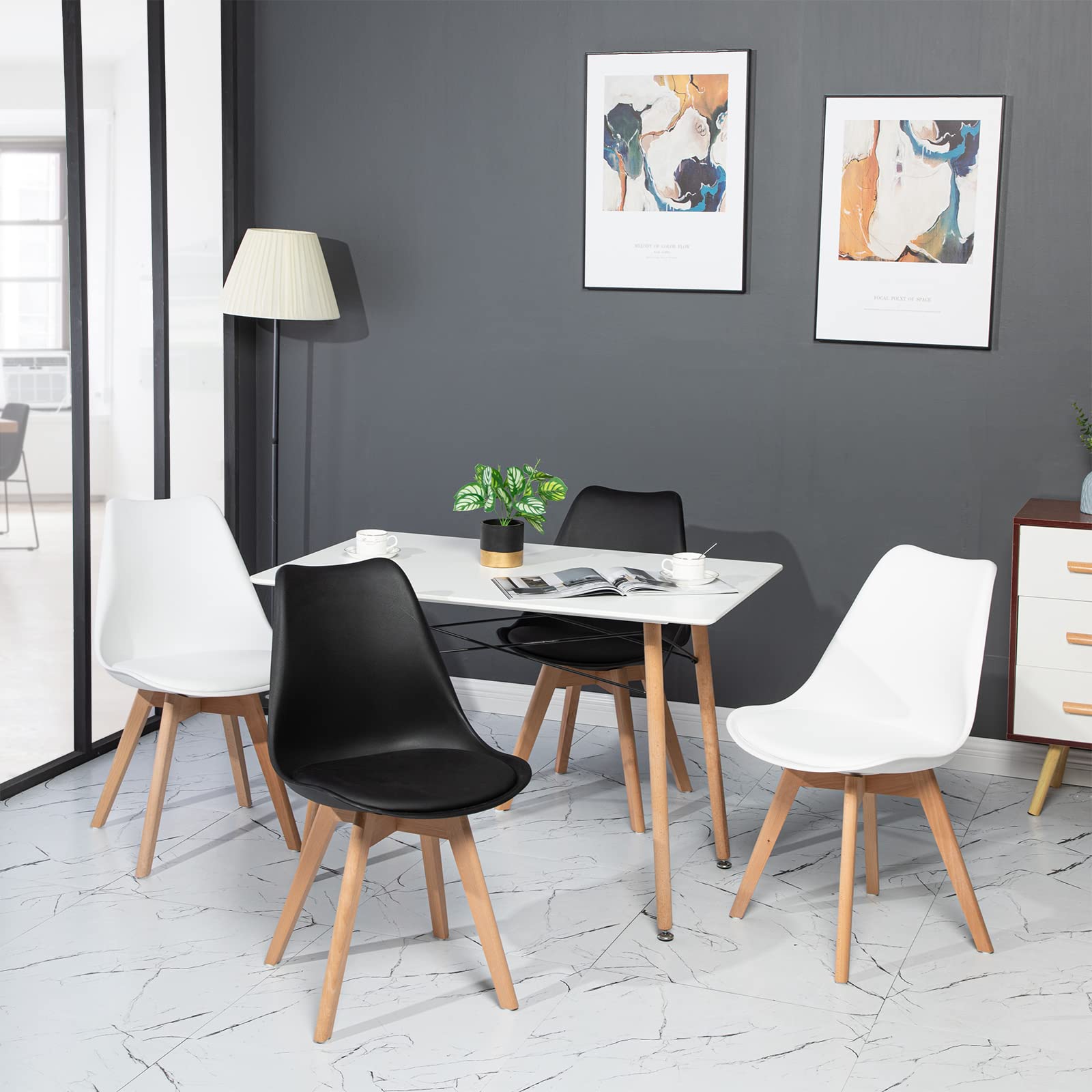 H.J WeDoo Pack de 4 Sillas de Comedor Silla Escandinava, Pata Madera de Haya y Asiento Acolchado, Estilo Nórdico - Blanco