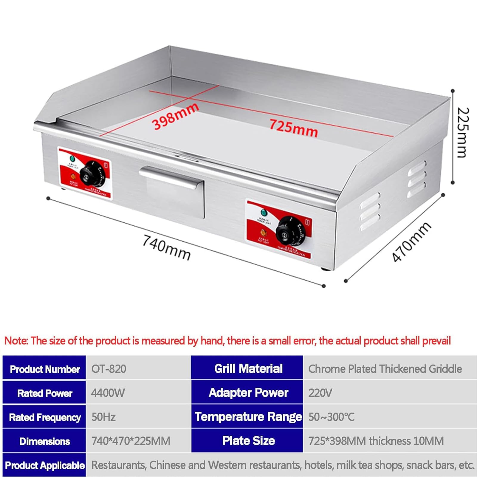 Plancha Electrica para Cocinar Profesional, Grill Electrico De Acero Inoxidable, Superficie Calefactora: Lisa, Protector contra Salpicaduras, Plancha De Asar, Camping Y Restaurantes,28.5in