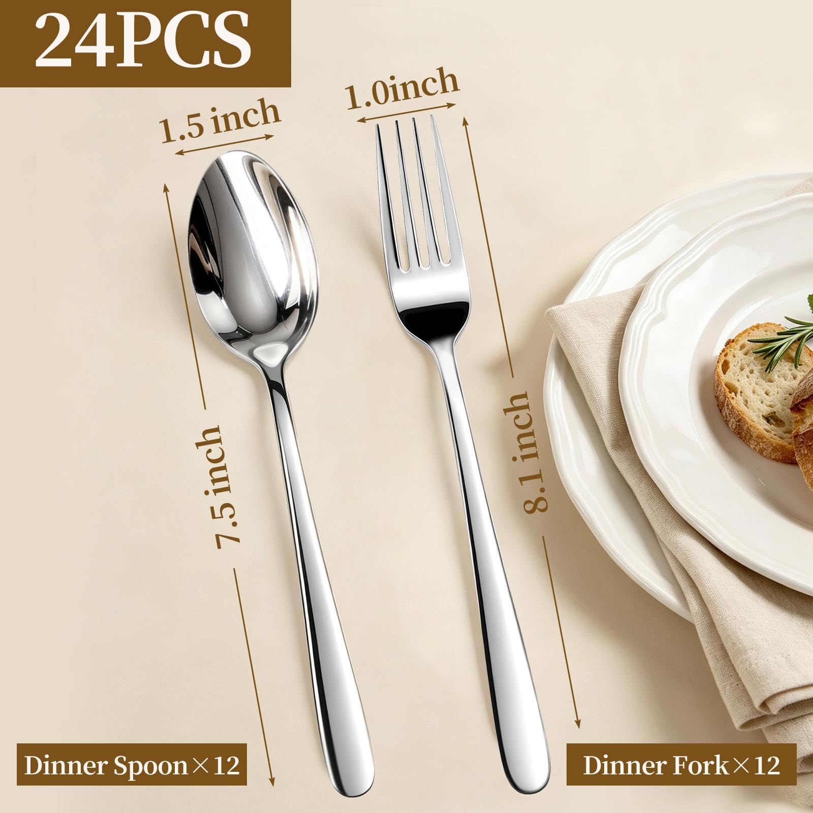24Pcs Spoons and Forks Set Silverware - Food Grade Stainless Steel Flatware Set for Kitchen, Mirror Polished, Dishwasher Safe - 12 Dinner Forks(7.5 inch) & 12 Dessert Spoons(8.1 inch) — Amazon image 2