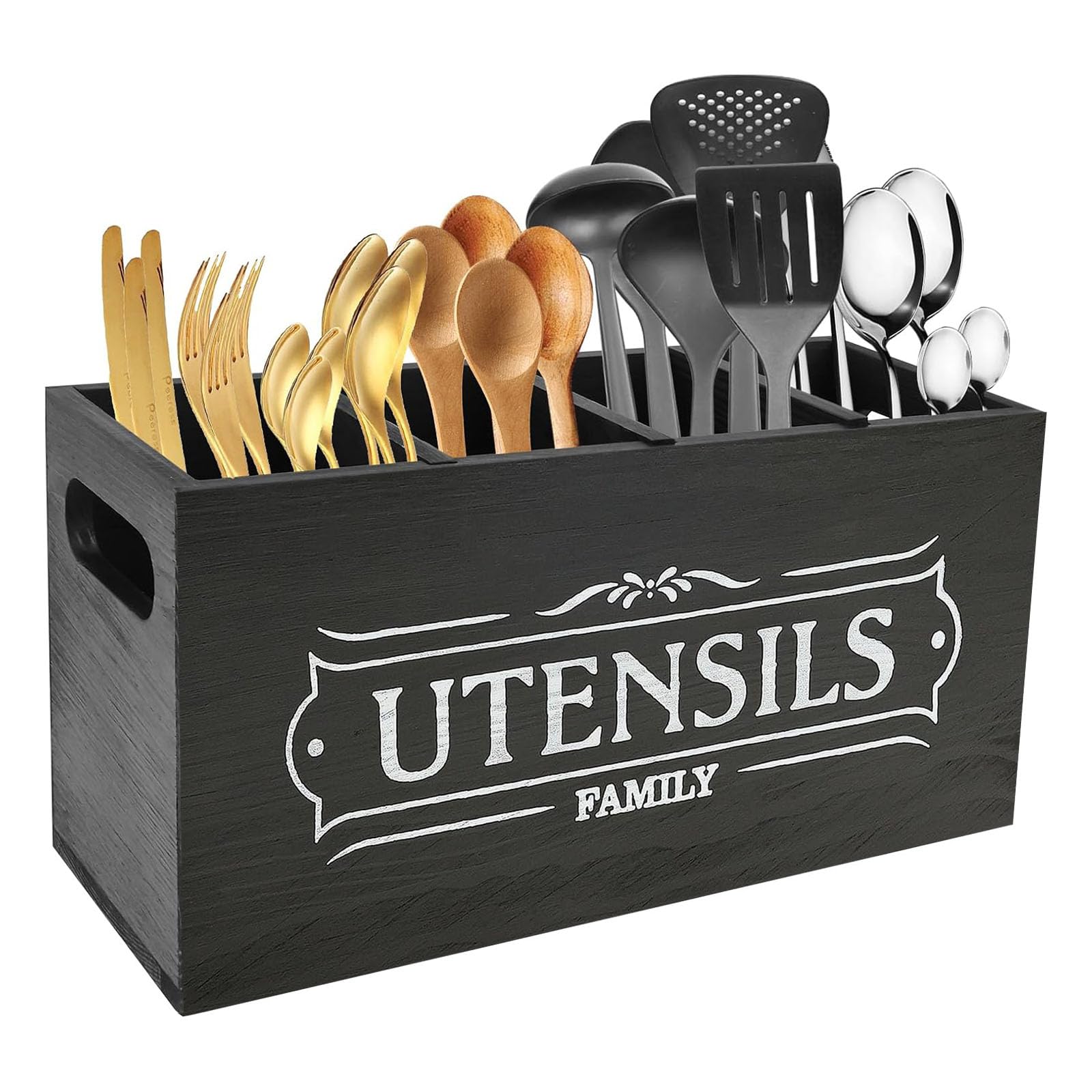 Utensils Holder for Kitchen Counter with 4 Compartment and Drainage Bottom Wooden Kitchen Utensil Organiser Enduring Cutlery Caddy Storage Container for Knife, Fork and Spoon, Black