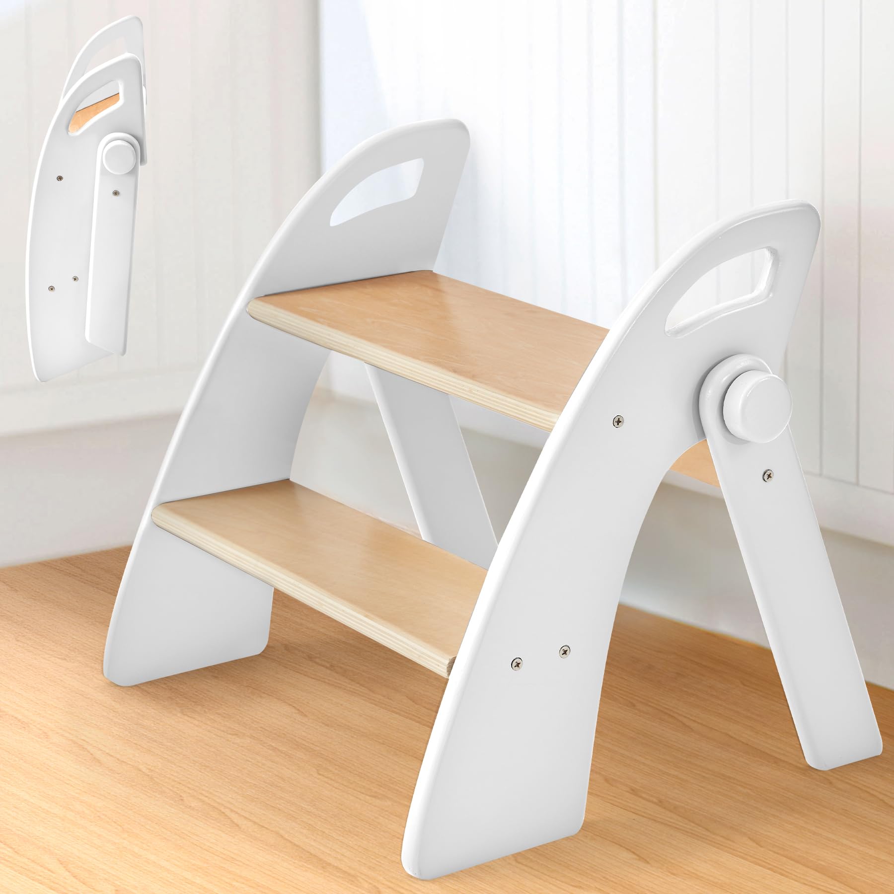 Children's Wooden Stool with 2 Steps, 130 kg Capacity with Non-Slip Mat and Handles, Children's Step for Bedroom, Spout Room, Kitchen, White